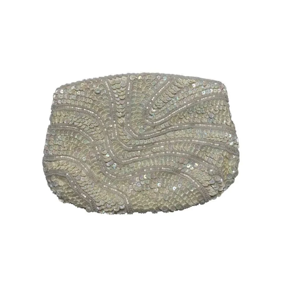 Vintage Ivory Beaded Sequin Clutch Bridal Purse 80s Formal Small Handbag Wedding